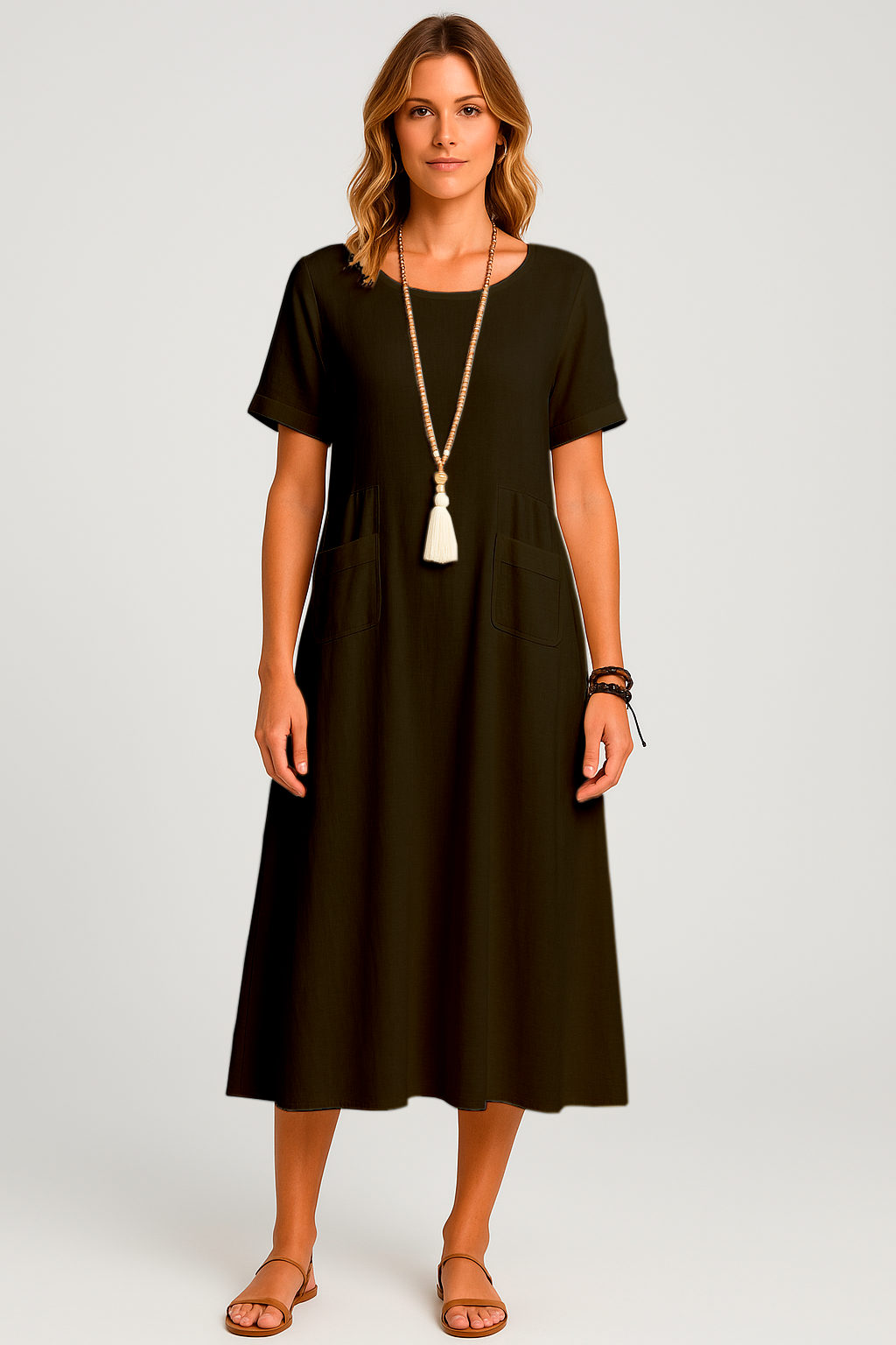 Vestido Giulia Midi Manga Curta Corte Amplo Decote Redondo