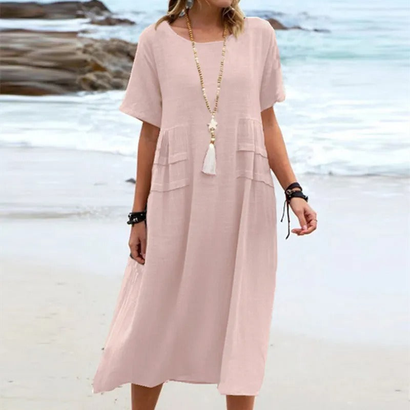 Vestido Giulia Midi Manga Curta Corte Amplo Decote Redondo