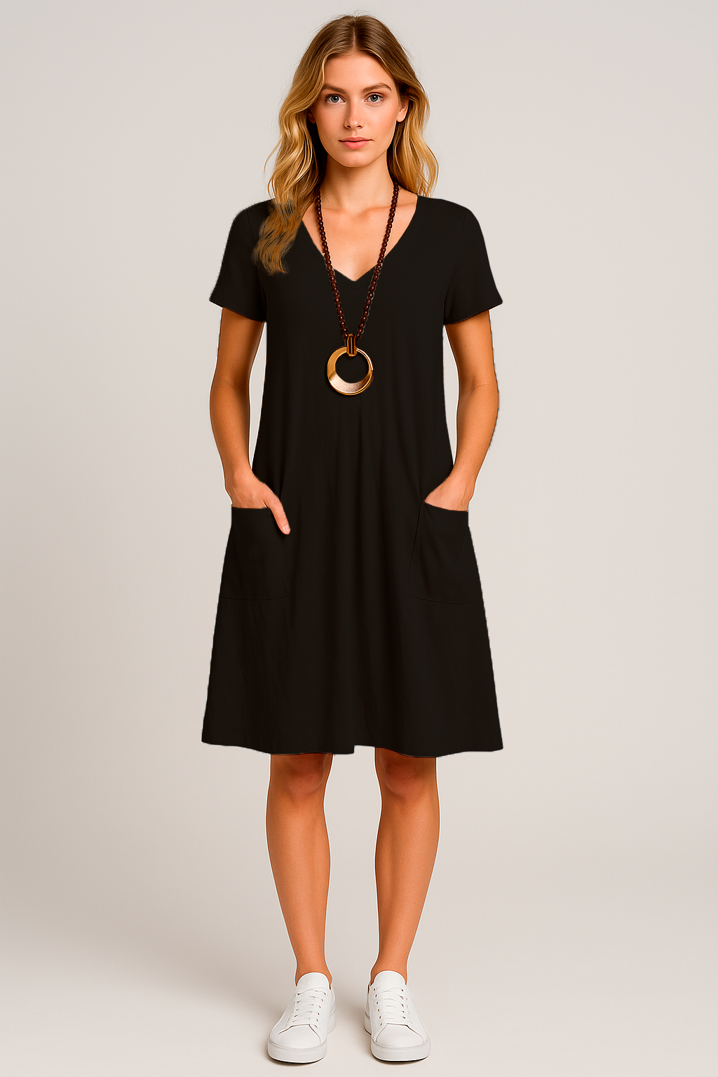 Vestido Lavínia Midi Decote Redondo Bolsos Frontais e Manga Curta