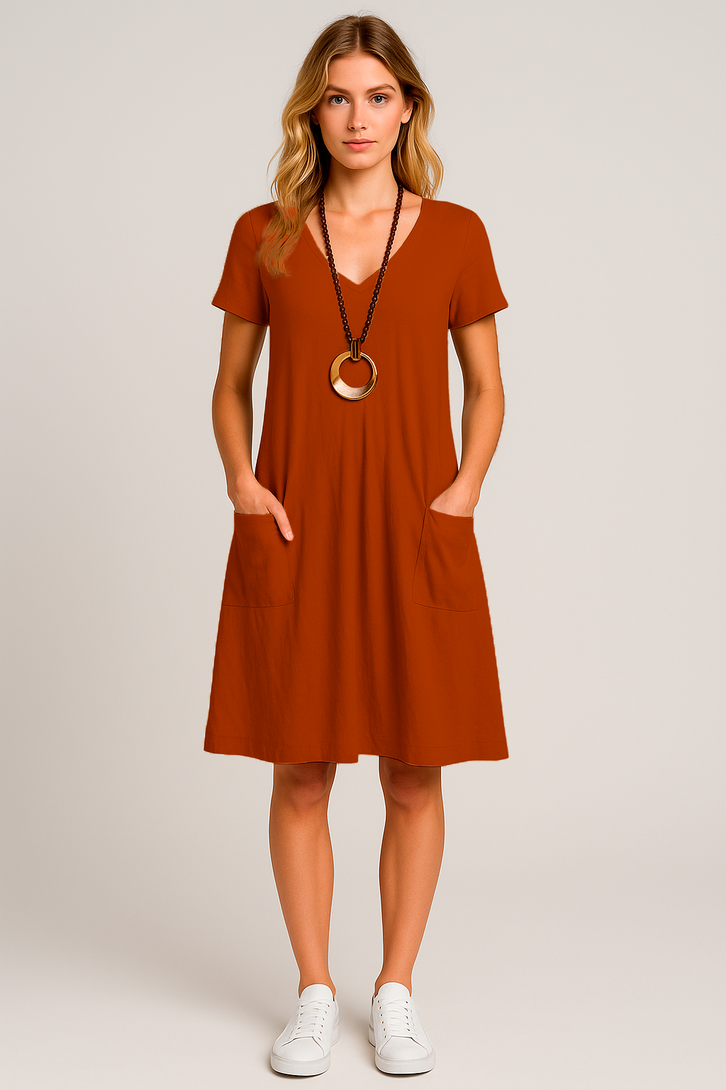 Vestido Lavínia Midi Decote Redondo Bolsos Frontais e Manga Curta