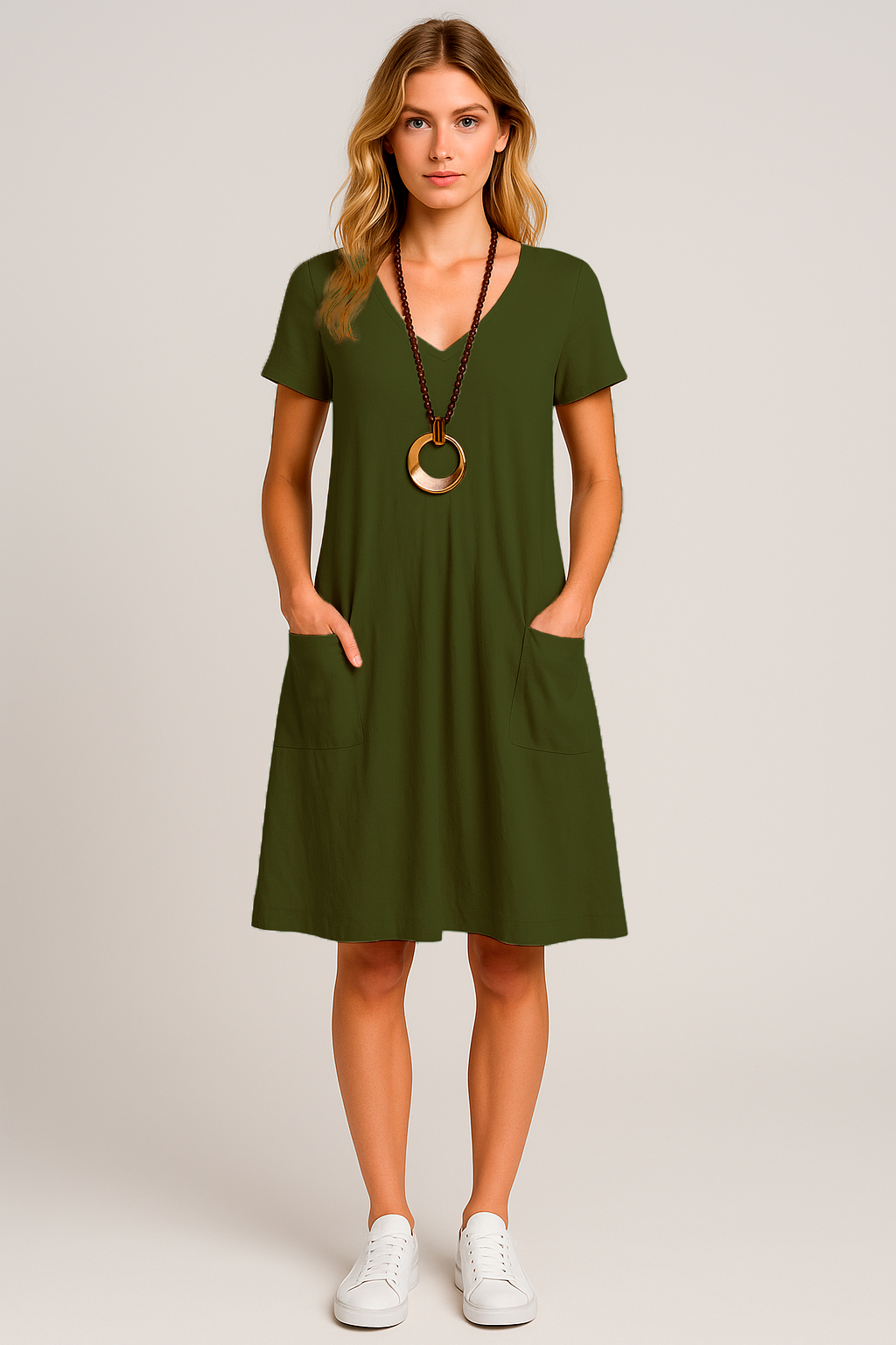 Vestido Lavínia Midi Decote Redondo Bolsos Frontais e Manga Curta