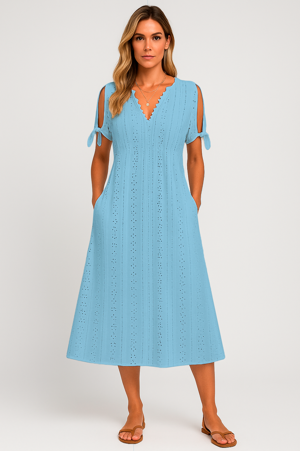 Vestido Zoe Midi em Lese com Botões no Decote