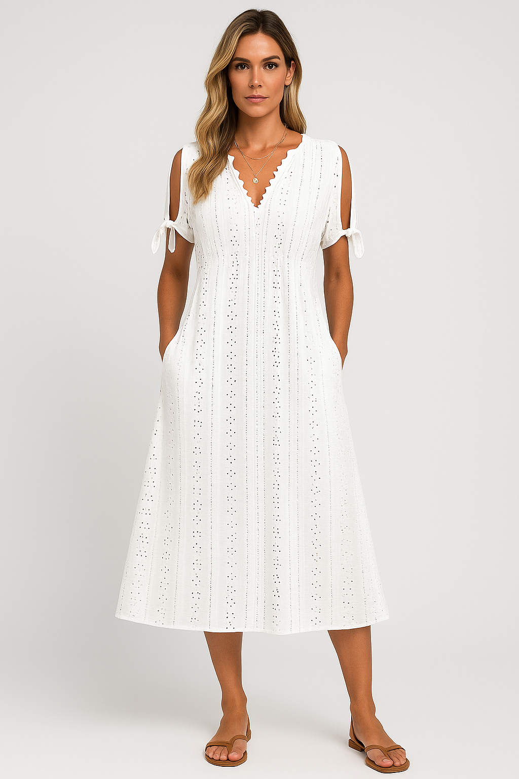 Vestido Zoe  Midi em Lese com Botões no Decote