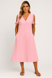 Vestido Zoe  Midi em Lese com Botões no Decote