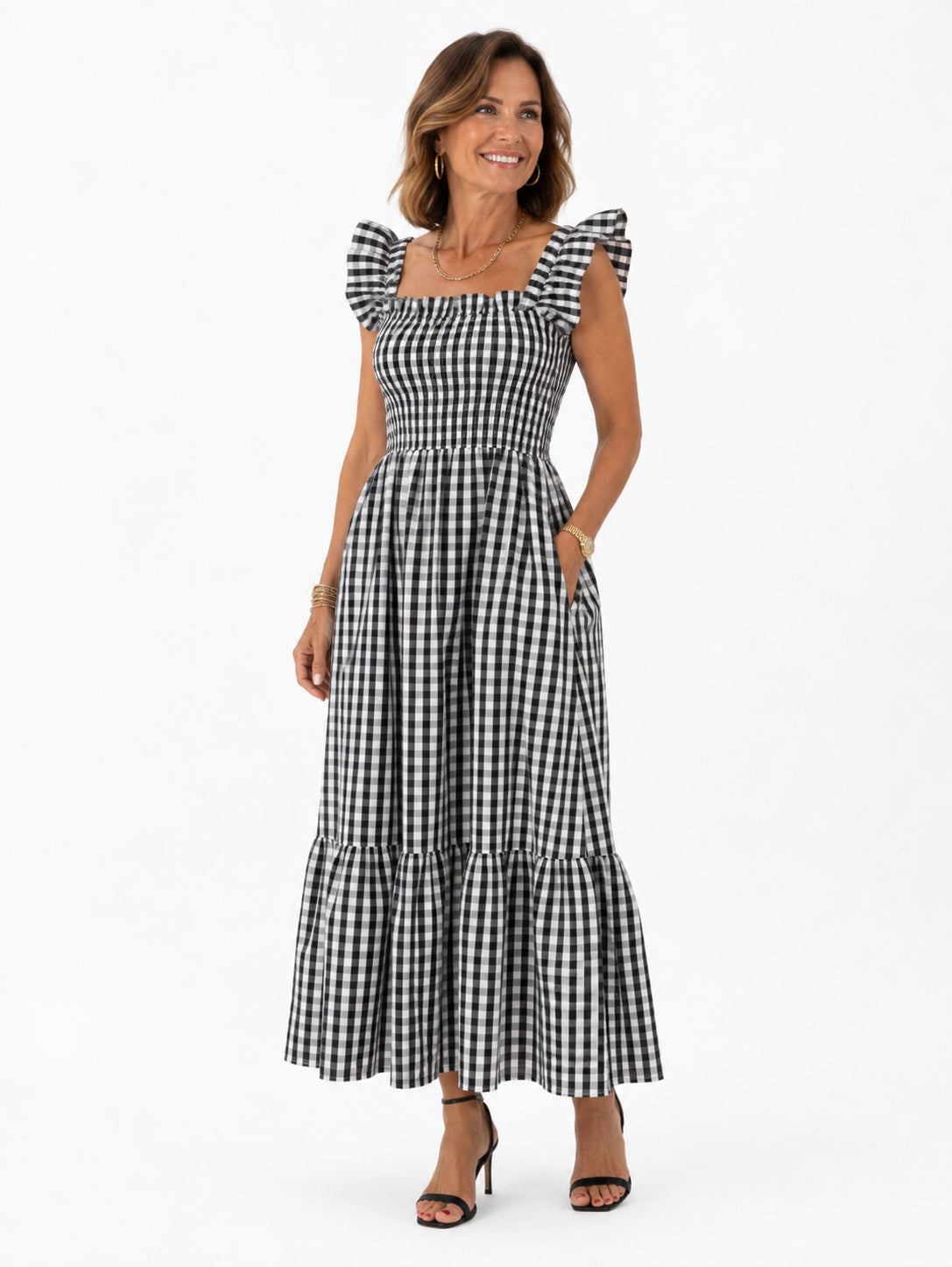 Vestido Layla Midi Xadrez com Alças de Babados