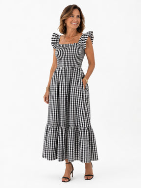 Vestido Layla Midi Xadrez com Alças de Babados