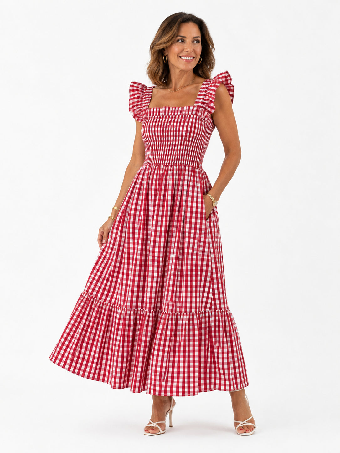 Vestido Layla Midi Xadrez com Alças de Babados