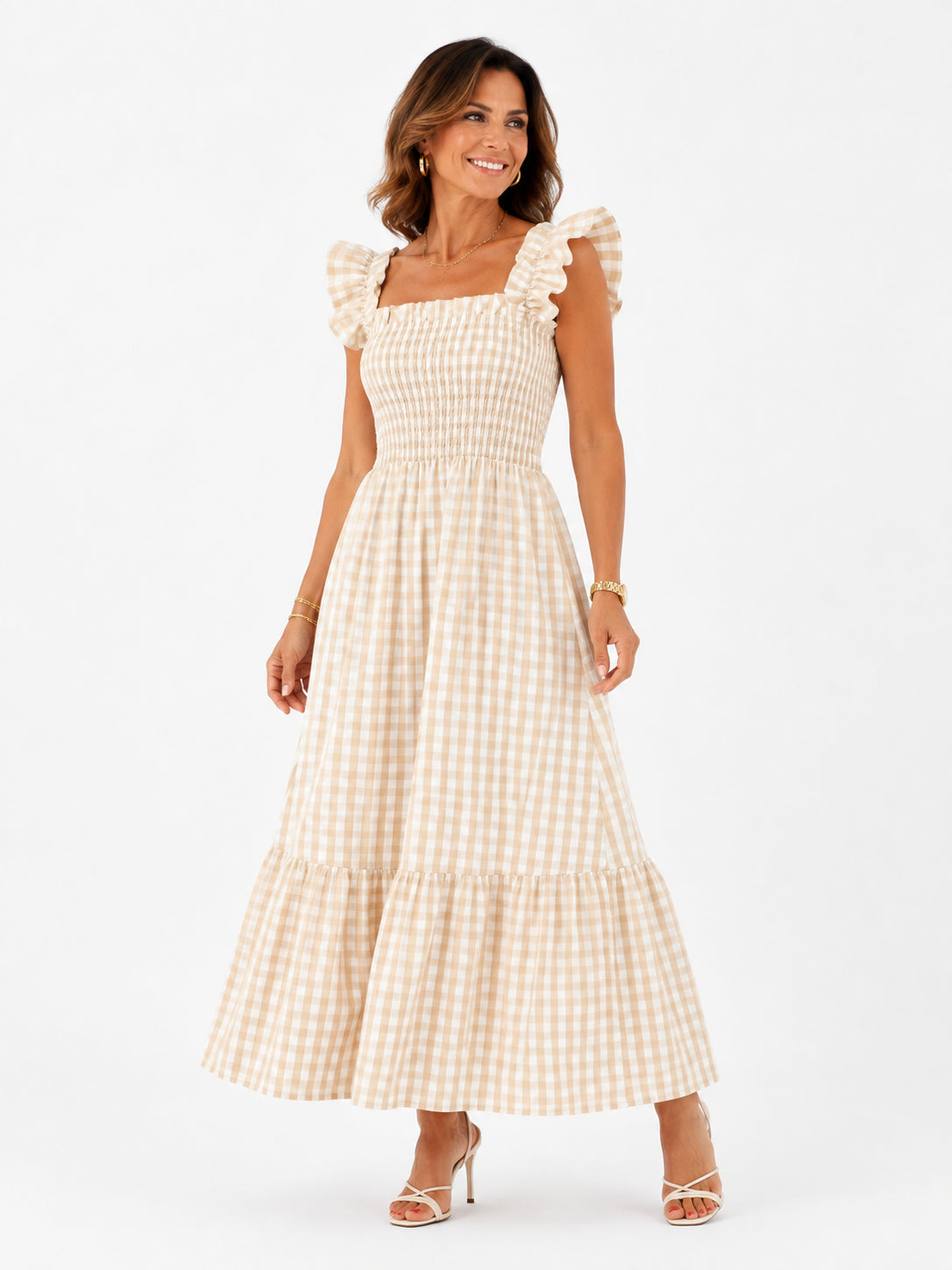 Vestido Layla Midi Xadrez com Alças de Babados