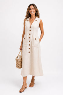 Vestido Cecília Midi Decote V com Gola Botões e Bolsos Frontais