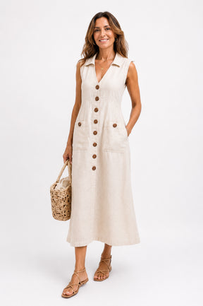 Vestido Cecília Midi Decote V com Gola Botões e Bolsos Frontais