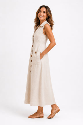 Vestido Cecília Midi Decote V com Gola Botões e Bolsos Frontais