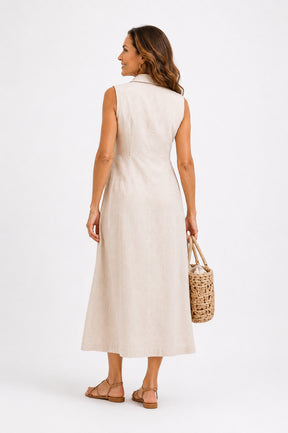 Vestido Cecília Midi Decote V com Gola Botões e Bolsos Frontais
