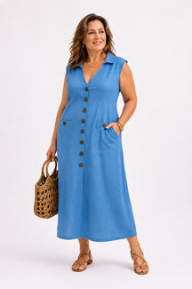 Vestido Cecília Midi Decote V com Gola Botões e Bolsos Frontais