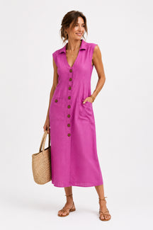 Vestido Cecília Midi Decote V com Gola Botões e Bolsos Frontais