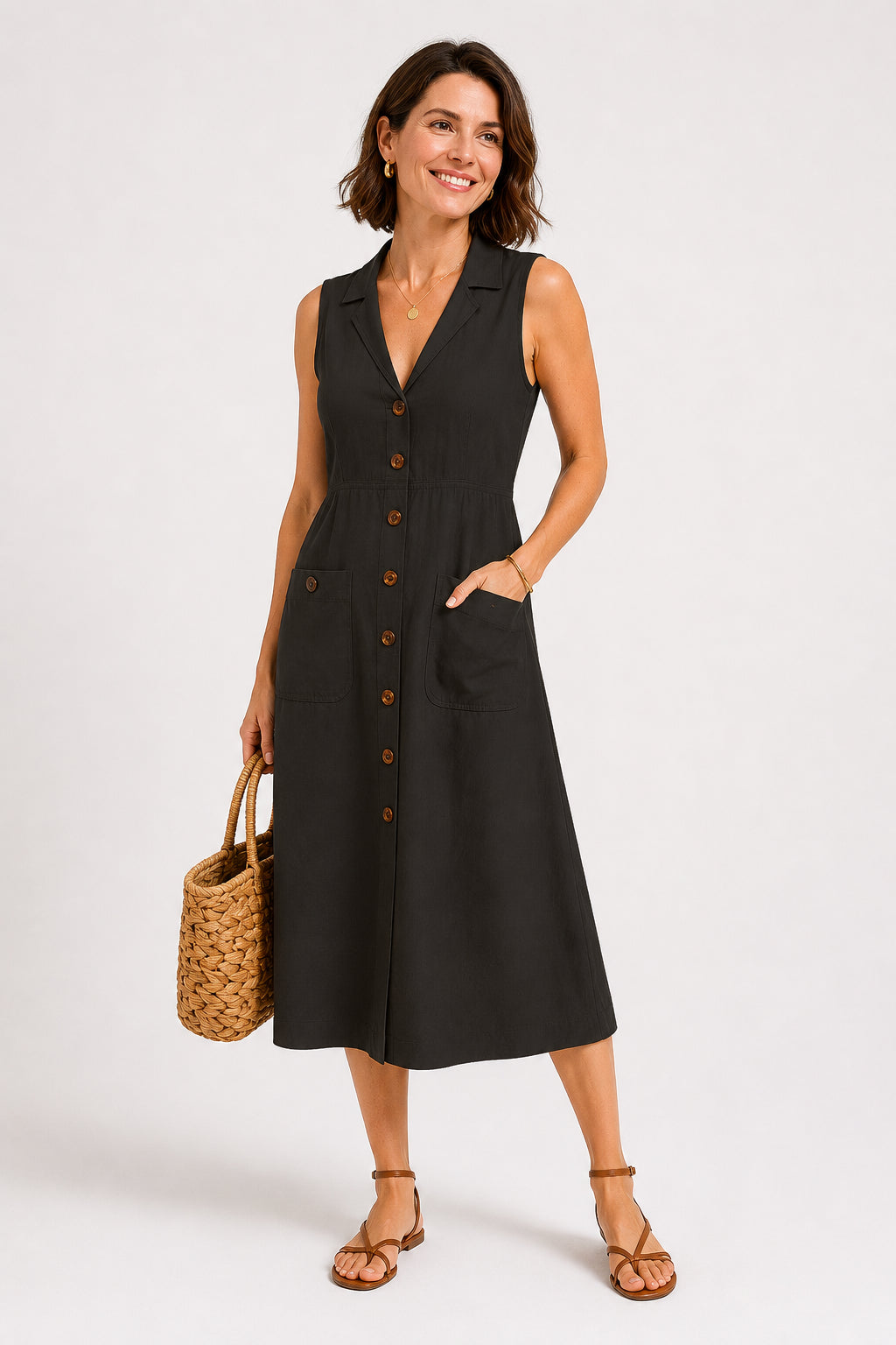 Vestido Cecília Midi Decote V com Gola Botões e Bolsos Frontais