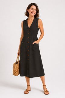 Vestido Cecília Midi Decote V com Gola Botões e Bolsos Frontais