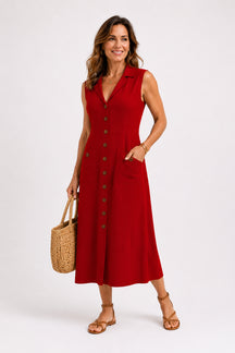 Vestido Cecília Midi Decote V com Gola Botões e Bolsos Frontais