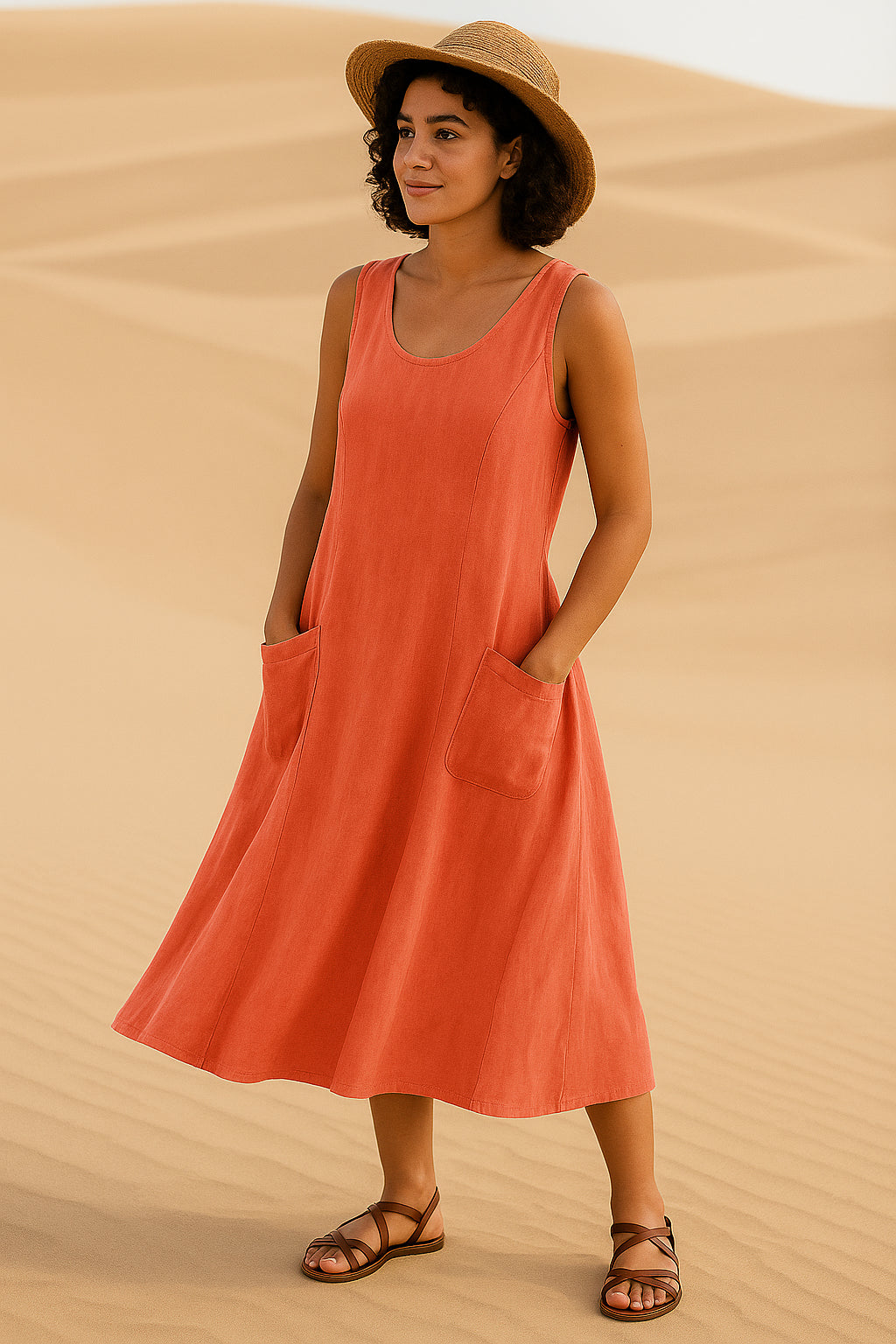 Vestido Isadora  Midi sem Mangas e Bolsos Frontais