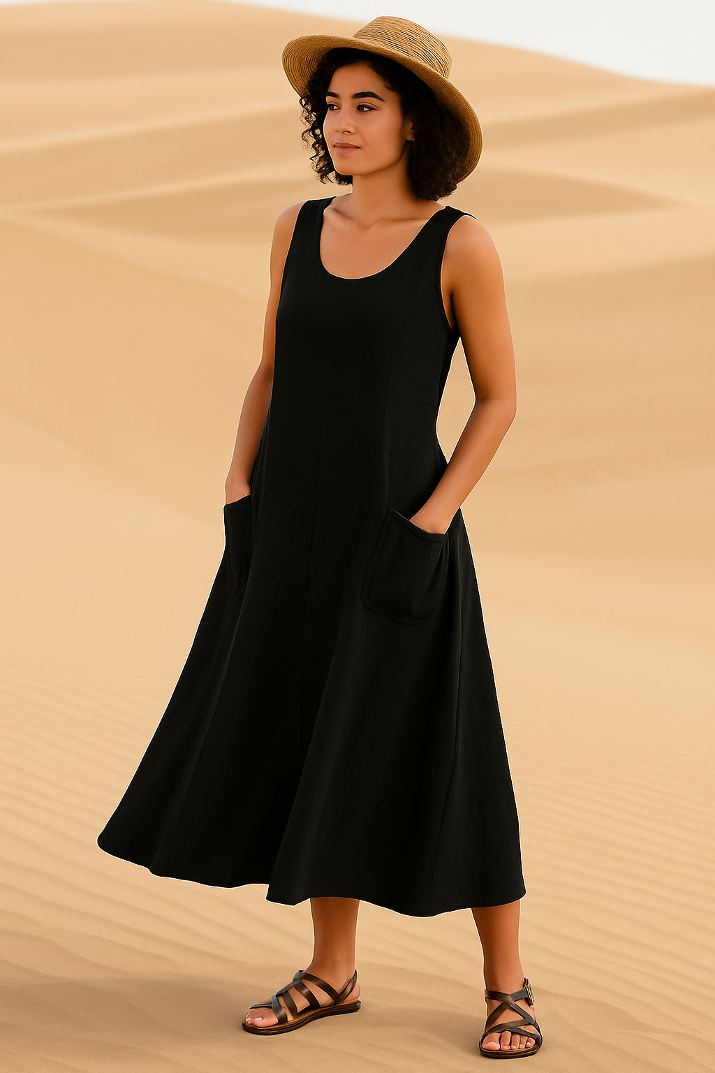 Vestido Isadora  Midi sem Mangas e Bolsos Frontais