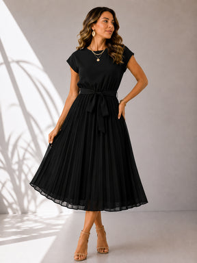 Vestido Camille Midi Plissado Elegância e Sofisticação.